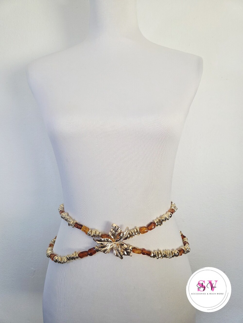 Gold and Brown Beaded Chain Waist Belt with Floral Center